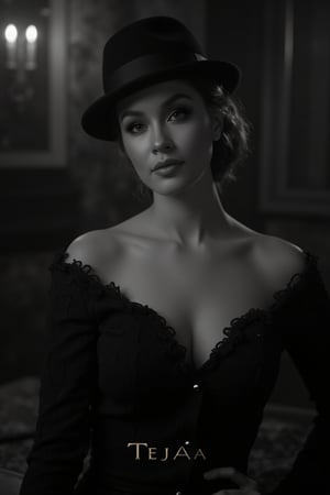 In a sultry Noir Photography setup, a ravishing lady poses with poise, her coiffed hair and fedora adding a touch of sophistication to the dramatic tableau. Soft focus and high contrast create a sumptuous texture, while the embossed font TEJAA adds a striking statement in the black and white theme. Her enigmatic facial features seem to convey a story as she stands out against the vintage-issued backdrop, bathed in captivating shadows that draw the viewer in.