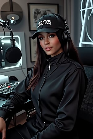 A digital portrait of Tejaa, a woman sitting calmly on a futuristic DJ karaoke set in a radio station studio. Framed by sleek black lines, she wears an ARMOR cap with 'TEJAA' embossed, shading her face. Her high-collar jacket and headset create a striking contrast against her dark attire. Makeup accentuates her serene expression. The minimalist background features subtle urban elements, focusing attention on Tejaa's tranquil pose.