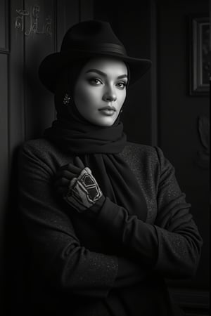 In a moody Noir Photography setting, a stunning lady strikes a pose, her fashionable scarf and stylish hat adding a touch of elegance to the dramatic scene. Soft focus and high contrast create a rich texture, while the embossed font TEJAA adds a bold statement in the black and white theme. Her expressive facial features seem to tell a story as she stands out against the vintage-inspired backdrop, bathed in captivating shadows that draw the viewer in. The ultra-detailed (4K) image exudes cinematic quality, making it a true masterpiece of realism.