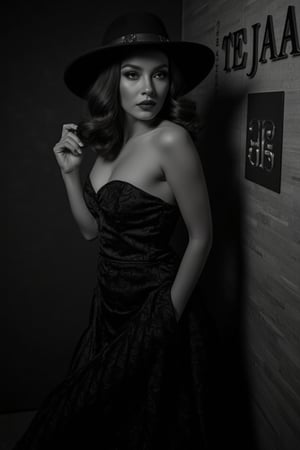 A sultry siren posing elegantly amidst a moody Noir Photography setting, her fashionable hair and stylish hat adding sophistication to the high-contrast scene. Soft focus accentuates textured shadows, while bold embossed font TEJAA dominates the black and white theme. Her expressive features seem to convey a story as she stands out against a vintage-inspired backdrop, bathed in captivating darkness that draws the viewer in. Cinematic quality shines through in this ultra-detailed (4K) masterpiece.