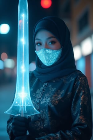 In a dimly lit night scene, a cybernetic cyborg girl stands confidently on the cybercity road, her gaze directed straight at the viewer. A close-up view captures the intricate details of her cybernetic mouth mask, shimmering with white and lite blue hues. Her baju kebaya armor design glistens in the faint light. The transparent glass sword she holds seems to glow with an otherworldly intensity. The soft focus and ultra-smooth rendering create a dreamlike atmosphere, while the vibrant colors pop against the dark background.