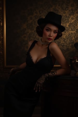 A sultry Noir Photography setup unfolds: a ravishing lady posing with poise amidst soft focus and high contrast textures, her coiffed hair and fedora adding sophistication to the dramatic tableau against a vintage-inspired backdrop. Her enigmatic facial features convey a story, standing out against captivating shadows as she leans slightly to one side, one hand resting on a nearby prop, inviting curiosity.