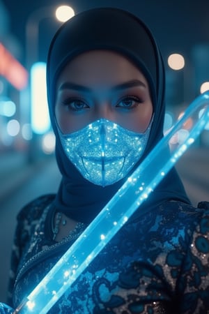 In a dimly lit night scene, a cybernetic cyborg girl stands confidently on the cybercity road, her gaze directed straight at the viewer. A close-up view captures the intricate details of her cybernetic mouth mask, shimmering with white and lite blue hues. Her baju kebaya armor design glistens in the faint light. The transparent glass sword she holds seems to glow with an otherworldly intensity. The soft focus and ultra-smooth rendering create a dreamlike atmosphere, while the vibrant colors pop against the dark background.