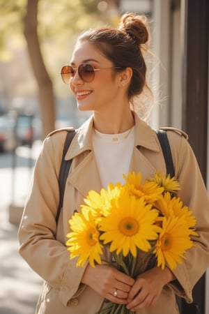 Candid moment on a sun-kissed sidewalk: a radiant woman in a trench coat and crisp white shirt holds a vibrant bouquet of yellow flowers, her brown sunglasses tucked behind a messy bun hairstyle. Natural light dances across her features as she's lost in thought, the blurred background and bokeh effect creating a sense of intimacy. Soft lighting accentuates her bright smile, while super detailed textures bring the scene to life.