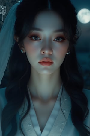 In this 8K Ultra HD masterpiece, The Captivating Woman is set against a serene moonlit backdrop, where soft, diffused light accentuates the intricate nuances of her expression. Her features are bathed in an ethereal glow, as if illuminated by the gentle beam of a full moon. Her gaze, a masterclass in subtlety, seems to hold secrets and whispers, while her raven tresses cascade down her porcelain skin like dark silk. Yukisakura's meticulous brushstrokes render every contour, every strand of hair, and every shadow with precision and depth. The interplay of light and darkness creates an enigmatic aura, drawing the viewer in with an air of mystery.