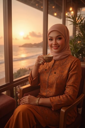 A stunning Malay woman, radiant with elegance, sits in a luxurious coffee cafe, bathed in soft golden lighting that highlights her exquisite knitwear attire. She sips her coffee, happy expression fixed on the breathtaking sunset view of the sea outside, where warm hues dance across the waves. Opulent decor and rich textures surround her, blending traditional charm with modern sophistication, capturing the essence of the contemporary Malay woman in a relaxed urban setting.