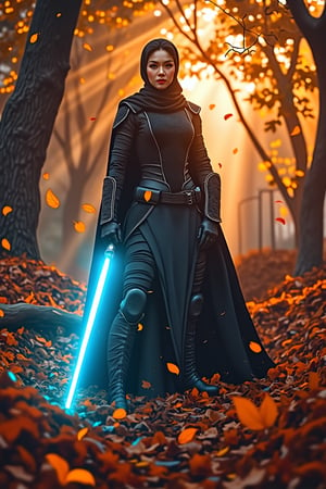 A regal warrior stands at center frame, poised like a predator amidst a whirlwind of autumn leaves swirling around her in a vortex-like motion. Neon cyan lightsaber hums with malevolent intensity, casting an eerie glow that seeps into dominant shadows consuming 70% of the composition. Professional lighting accentuates chiseled physique, drawing attention to blade's ominous menace as she stands firm against backdrop of fiery orange and golden hues, her determined gaze piercing through the turbulent foliage.