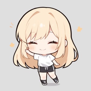 1girl, girl, solo, (blonde hair,) long hair, closed eyes, (bangs), black socks, black sneakers, white t shirt, black shorts, waving, solo, smile, looking at viewer, (chibi,), blush,, simple white background,