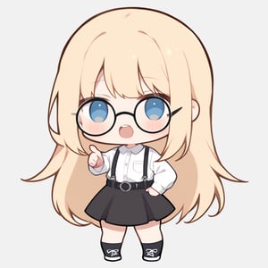 1girl, girl, solo, (blonde hair,) long hair, blue eyes, (bangs), black socks, black sneakers, dress shirt, black skirt, belt. suspenders, black socks, 1 hand pointing, standing, mouth open, theeth, solo, circle glasses, (chibi,), blush,, simple white background,