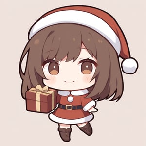 1girl, girl, solo, (brown hair,) medium hair, brown eyes, (bangs), santa outfit, brown boots, solo, (chibi,), blush,, smile, holding gift, looking at viewer, simple white background,,