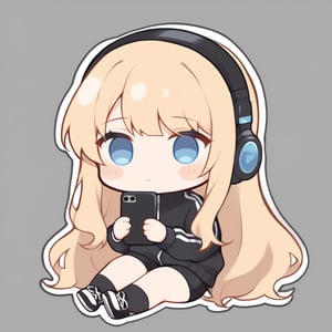 1girl, girl, solo, (blonde hair,) long hair, blue eyes, (bangs), black socks, black sneakers, black track jacket, black shorts, black headphones, holding black smart phone, sitting, solo, (chibi,), blush,, simple white background,