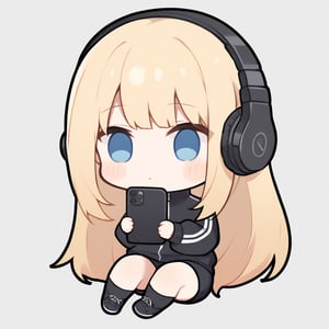 1girl, girl, solo, (blonde hair,) long hair, blue eyes, (bangs), black socks, black sneakers, black track jacket, black shorts, black headphones, holding black smart phone, sitting, solo, (chibi,), blush,, simple white background,