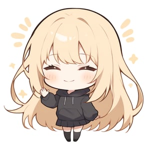 1girl, girl, solo, (blonde hair,) long hair, closed eyes, (bangs), black hoodie, black pleated skirt, black socks, waving at viewer, solo, smile, looking at viewer, (chibi,), blush, simple white background,