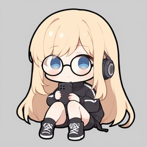 1girl, girl, solo, (blonde hair,) long hair, blue eyes, (bangs), black socks, black sneakers, black track jacket, black shorts, black headphones, holding black smart phone, sitting, solo, circle glasses, (chibi,), blush,, simple white background,