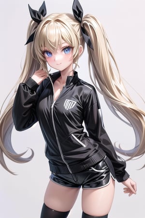 anime art of a girl, One girl, Alone, Long Hair, smile,, Twin tails,, View your viewers, Blonde, Blue eyes, black sport Shorts, black track jacket, white t-shirt, black thigh stockings, Simple Background, Cowboy Shot, White background, hair ribbon, ribbon, low Twin tails , (Best Quality, masterpiece, Super detailed, figure:1.2),(8K wallpaper),(beautiful Detailed eyes:1.2), beautiful, wonderful, Detailed eyes, (Detailed skin),Cinematic Lighting
