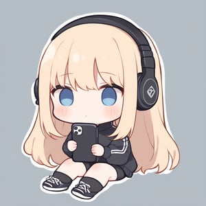 1girl, girl, solo, (blonde hair,) long hair, blue eyes, (bangs), black socks, black sneakers, black track jacket, black shorts, black headphones, holding black smart phone, sitting, solo, (chibi,), blush,, simple white background,