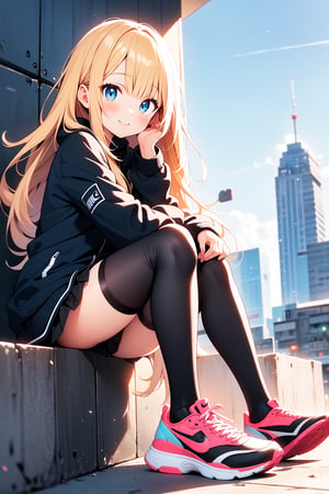 ((masterpiece)), (best quality), (beautiful detailed eyes), (ultra-detailed), (finely detail), (highres), perfect anatomy, kawaii illustration, (1 cute girl), city, happy, sitting, looking at viewer, long hair, blond hair, blue eyes, black pleated skirt, black thigh stockings, black nike sneakers,, full body, ((single v)) fitted black track_jacket,