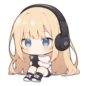 1girl, girl, solo, (blonde hair,) long hair, blue eyes, (bangs), black socks, black sneakers, white t-shirt, black shorts, black headphones, holding black smart phone, sitting, solo, (chibi,), blush,, simple white background,