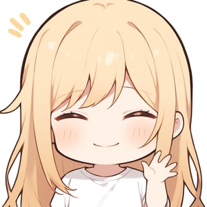 1girl, girl, solo, (blonde hair,) long hair, closed eyes, (bangs), white t shirt, black shorts, waving, solo, smile, looking at viewer, (chibi,), blush,, close up, simple white background,