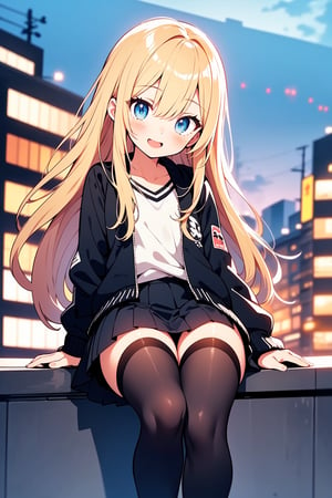 ((masterpiece)), (best quality), (beautiful detailed eyes), (ultra-detailed), (finely detail), (highres), perfect anatomy, kawaii illustration, (1 cute girl), city, happy, sitting, looking at viewer, long hair, blond hair, blue eyes, black pleated skirt, black thigh stockings, fitted black track_jacket,