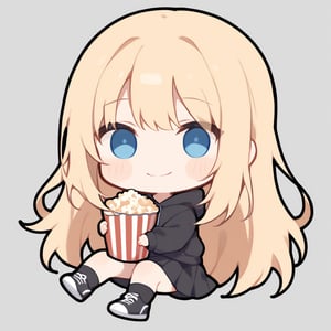 1girl, girl, solo, (blonde hair,) long hair, blue eyes, (bangs), black blank hoodie, (black skirt), black sneakers, solo, black socks, (chibi,), blush,, sitting down, holding popcorn, looking at viewer, simple white background, smile,