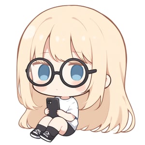 1girl, girl, solo, (blonde hair,) long hair, blue eyes, (bangs), black socks, black sneakers, white t-shirt, black shorts, black headphones, holding black smart phone, sitting, solo, circle glasses, (chibi,), blush,, simple white background,