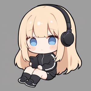 1girl, girl, solo, (blonde hair,) long hair, blue eyes, (bangs), black socks, black sneakers, black track jacket, black shorts, black headphones, holding black smart phone, sitting, solo, (chibi,), blush,, simple white background,