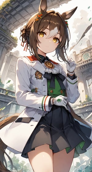 score_9, score_8_up, score_7_up, BREAK, best quality, masterpiece, very aesthetic, ultra detailed,very detailed background,,zPDXL3,FIne_M,FM_Race, 1girl, solo, brown hair, hair ornament,yellow eye, gloves,white jacket, horse ears, horse tail, black skirt,
