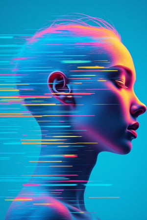 A striking and vibrant head profile rendered in neon hues. The face is bathed in radiant tones of pink, yellow, and blue, with closed eyes and poised lips. The left side dissolves into horizontal, glitch-like lines in shades of blue, pink, and yellow, blending into the bright blue background. The artistic composition melds digital and surreal elements for a mesmerizing, visually arresting effect.