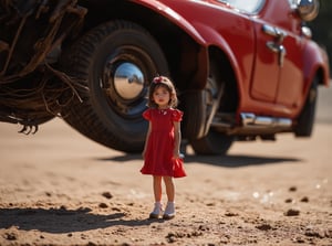 (best quality,8K,highres,masterpiece), an extraordinary macro shot capturing a tiny retro auto on slightly muddy ground. The scene is bathed in a fresh morning atmosphere, with soft bokeh creating a mesmerizing background. The close-up perspective highlights every intricate detail of the vintage vehicle, from its weathered exterior to its tiny wheels. The amazing depth of field draws the viewer's eye, immersing them in the scene and evoking a sense of wonder. This artwork transports the audience to a nostalgic yet vibrant setting, where the beauty of the mundane is captured in stunning detail. ,with red dress one young beautiful lady standing