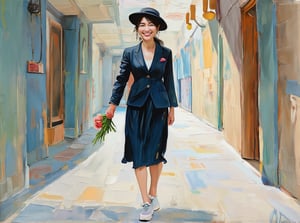 Grudge, Oil on canvas, Modern art, Minimalist watercolor painterly , full length image, a pretty lady wearing casual suit, sneakers, dress, ponytail hair hat, and neat hair, walking  corridor side of building, gesture face happy, sweet smile, she  grab the bouquet of rose, gaze eyes on camera 