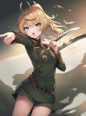 Tanya , military uniform , pointing at viewer,sword_swallowing_position,tanya