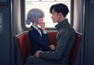 Create an image of a young woman with medium-length silver hair and striking purple irises, dressed in a formal military uniform, sitting in a futuristic train. She is seated in the lap of a taller man with dark hair in a flightsuit or working wear, sitting in his lap and facing away from him. Her expression reflects an internal struggle as she tries not to let her arousal show. The woman appears flustered yet quietly enjoying the intimate contact, subtly biting her lip or blushing. The futuristic train setting should have sleek metallic designs and soft lighting, and empty of other people.