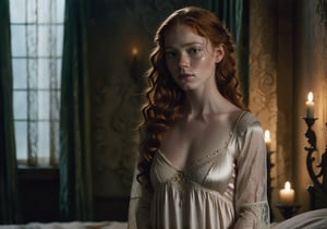 "A young woman with pale, freckled skin and auburn hair standing in a dimly lit room. Her loose curls cascade down her back, partially covering a delicate silk nightgown. The nightgown is thin, ivory-colored with lace trim, and tightly clings to her figure.  Some of the bodice is gauzy and see-through.  Her green eyes reflect the warm glow of a nearby candelabra, casting soft shadows across her face. The lighting highlights the softness of the silk and the texture of the lace. She stands with a guarded posture, one arm folded across her body. The room is decorated with dark, heavy curtains, an ornate bed, and cold stone walls, creating an atmosphere of isolation and luxury."  Frontal view.
