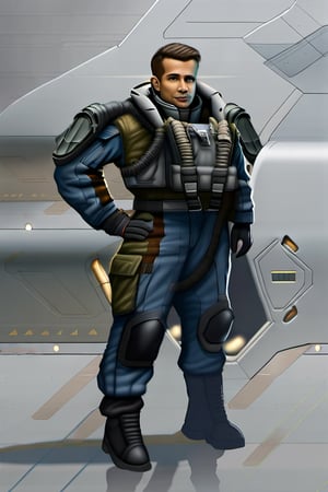 Create an image of this pilot standing next to a futuristic fighter craft, suitable for space and atmospheric combat.