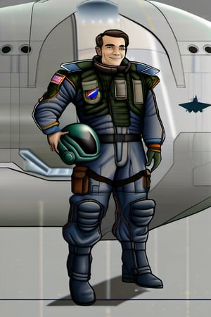 Create an image of this pilot standing next to a futuristic fighter craft, suitable for space and atmospheric combat.