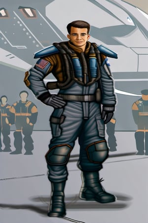 Create an image of this pilot standing next to a futuristic fighter craft, suitable for space and atmospheric combat.