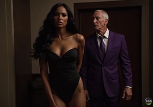 Create an image of Jessica Jones, a strong and defiant white woman, standing helplessly under Kilgrave's control. She’s dressed in a sultry, form-fitting evening gown that accentuates her figure and bares a lot of skin, symbolizing her forced role as his property. Her face reflects deep sorrow and resistance, a forlorn expression that reveals her inner turmoil. Kilgrave, a white British man dressed in a sleek, tailored purple suit, stands beside her, examining her with a smug and possessive look. The room should have an upscale, luxurious setting with dim lighting, emphasizing Jessica's emotional struggle against the oppressive control she cannot resist.