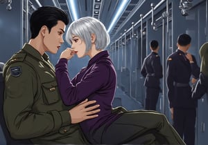 Create an image of a young woman with medium-length silver hair and striking purple irises, dressed in a formal military uniform, sitting in a futuristic train. She is seated in the lap of a taller man with dark hair in a flightsuit or working wear, sitting in his lap and facing away from him. Her expression reflects an internal struggle as she tries not to let her arousal show to the sparse people around them. The woman appears flustered yet quietly enjoying the intimate contact, subtly biting her lip or blushing. The futuristic train setting should have sleek metallic designs and soft lighting, with a few other passengers in the background, dressed in military uniforms or casual attire, unaware or politely ignoring the couple.

She's facing away from him.