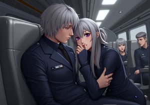 Create an image of a young woman with medium-length silver hair and striking purple irises, dressed in a formal military uniform, sitting in a futuristic train. She is seated in the lap of a taller man in a flightsuit or working wear, nestled close to him. Her expression reflects an internal struggle as she tries not to let her arousal show to the sparse people around them. The woman appears flustered yet quietly enjoying the intimate contact, subtly biting her lip or blushing. The futuristic train setting should have sleek metallic designs and soft lighting, with a few other passengers in the background, dressed in military uniforms or casual attire, unaware or politely ignoring the couple.