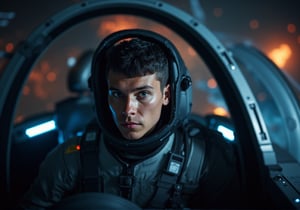 Create an image of a man in his early 40s with dark hair in a crew cut. He’s wearing a sleek, futuristic flight suit, and a fighter craft helmet is on his head, the visor partially lifted to reveal his confident yet oddly detached expression. He sits in the cockpit of a high-tech, futuristic fighter craft, surrounded by glowing control panels and holographic displays. Outside the cockpit, deep space stretches infinitely, punctuated by distant explosions and flashes of light from an ongoing space battle. The mood is tense yet calm, capturing the man’s readiness and emotional distance in the midst of chaos.