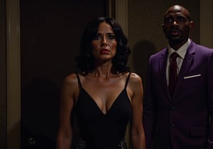 Create an image of Jessica Jones, a strong and defiant white woman, standing helplessly under Kilgrave's control. She’s dressed in a sultry, form-fitting evening gown that accentuates her figure and bares a lot of skin, symbolizing her forced role as his property. Her face reflects deep sorrow and resistance, a forlorn expression that reveals her inner turmoil. Kilgrave, a white British man dressed in a sleek, tailored purple suit, stands beside her, examining her with a smug and possessive look. The room should have an upscale, luxurious setting with dim lighting, emphasizing Jessica's emotional struggle against the oppressive control she cannot resist.