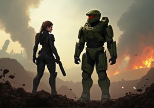 Create an epic image of Commander Jane Shepard and Master Chief 117 standing together on a war-torn battlefield. Commander Shepard is at the forefront, surveying the destruction with a determined expression, deep in thought as she strategizes their next move. She’s wearing her iconic futuristic N7 armor, battle-worn yet still shining with authority. Beside her, the imposing figure of Master Chief looms, standing tall in his green Spartan armor, ready for action. His posture is alert, prepared to follow any order she gives. The background shows the aftermath of a fierce battle—smoke rising, debris scattered, and distant flashes of combat. The image should capture the gravity of their leadership and the sense of hope and heroism they embody.