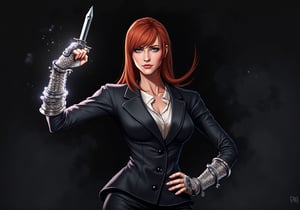 Create an image of Dana Scully standing confidently, wielding the Witchblade on her right wrist and forearm. She should be dressed in a fitted, stylish FBI attire that subtly accentuates her figure, such as an open tailored blazer, over a sleek blouse with the top buttons undone. Her expression is one of empowerment and determination, showcasing her strength. The Witchblade should appear as a grey, intricate artifact with jewels, wrapping around her forearm up to her elbow and radiating energy, enhancing her commanding presence.  A sharp blade protrudes from the top of her wrist.  The background hints at a dark and mysterious atmosphere, with shadows of supernatural elements, emphasizing her dual role as a fierce investigator and a powerful wielder of the Witchblade. The image should capture a sense of allure without compromising Scully's integrity, reflecting her as a formidable and sexy force in the realm of the supernatural.