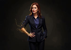 Create an image of Dana Scully standing confidently, wielding the Witchblade on her right wrist and forearm. She should be dressed in her iconic FBI attire, featuring a tailored blazer and pants, with her expression reflecting empowerment and determination. The Witchblade should appear as a glowing, intricate artifact, wrapping elegantly around her forearm, with tendrils of energy emanating from it, showcasing its mystical nature. The background should hint at a dark and mysterious atmosphere, perhaps with shadows of supernatural elements, emphasizing her role as a strong and capable investigator. The image should capture the blend of her scientific rationality with the supernatural power of the Witchblade, highlighting her as a formidable force.