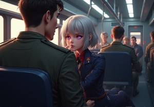 Create an image of a young woman with medium-length silver hair and striking purple irises, dressed in a formal military uniform, sitting in a futuristic train. She is seated in the lap of a taller man in a flightsuit or working wear, nestled close to him. Her expression reflects an internal struggle as she tries not to let her arousal show to the sparse people around them. The woman appears flustered yet quietly enjoying the intimate contact, subtly biting her lip or blushing. The futuristic train setting should have sleek metallic designs and soft lighting, with a few other passengers in the background, dressed in military uniforms or casual attire, unaware or politely ignoring the couple.