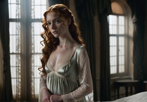 "A young woman with pale, freckled skin and auburn hair standing in a dimly lit room. Her loose curls cascade down her back, partially covering a delicate silk nightgown. The nightgown is thin, ivory-colored with lace trim, and tightly clings to her figure.  Some of the bodice and neckline are gauzy and see-through.  Her green eyes reflect the warm glow of a nearby candelabra, casting soft shadows across her face. The lighting highlights the softness of the silk and the texture of the lace. She stands with a guarded posture, one arm folded across her body. The room is decorated with dark, heavy curtains, an ornate bed, and cold stone walls, creating an atmosphere of isolation and luxury."  Frontal view.
