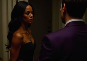 Create an image of Jessica Jones, a strong and defiant white woman, standing helplessly under Kilgrave's control. She’s dressed in a sultry, form-fitting evening gown that accentuates her figure and bares a lot of skin, symbolizing her forced role as his property. Her face reflects deep sorrow and resistance, a forlorn expression that reveals her inner turmoil. Kilgrave, a white British man dressed in a sleek, tailored purple suit, stands beside her, examining her with a smug and possessive look. The room should have an upscale, luxurious setting with dim lighting, emphasizing Jessica's emotional struggle against the oppressive control she cannot resist.