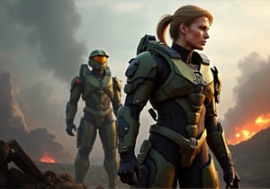 Create an epic image of Commander Jane Shepard and Master Chief 117 standing together on a war-torn battlefield. Commander Shepard is at the forefront, surveying the destruction with a determined expression, deep in thought as she strategizes their next move. She’s wearing her iconic futuristic N7 armor, battle-worn yet still shining with authority. Behind her, the imposing figure of Master Chief looms, standing tall in his green Spartan armor, ready for action. His posture is alert, prepared to follow any order she gives. The background shows the aftermath of a fierce battle—smoke rising, debris scattered, and distant flashes of combat. The image should capture the gravity of their leadership and the sense of hope and heroism they embody.