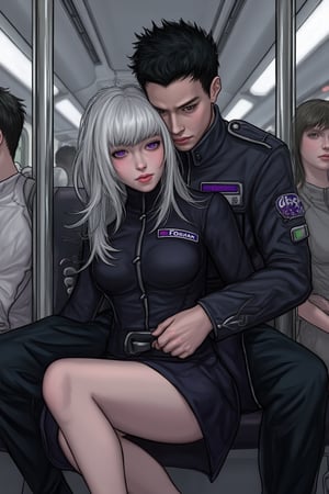 Create a scene inside a futuristic train, where Glacia Astania, a striking woman in her mid-20s with silver hair and vibrant purple irises, is sitting in the lap of a man in his early 40s. She is dressed in a dark military officer’s uniform with a skirt ending at her knees.  Her last name, 'Astania,' visible on her jacket’s tag. The man behind her has dark hair in a crew cut and is wearing a futuristic flight suit with 'Fokker' written on his chest.  One of his hands is on her leg, leading up to her skirt, the other is at her neck undoing one button.  They are subtly fooling around, with playful expressions and light touches, trying to keep their interaction discreet in the public setting. The futuristic train interior is sleek and modern, with metallic designs, soft lighting, and two passengers around them, unaware or politely ignoring the couple’s attempts to hide their chemistry,shading lineart, shading, lineart, 2.5D, illustration, portrait, closeup, Score_9, Score_8_up, Score_7_up, behance work, intricate, vibrant color, High quality, 8k hd, best quality, detailed skin texture, complicated, 8k ultra hd, high resolution, high definition, excellent quality, stunning image, volumetric lighting, detail quality Enhancer,